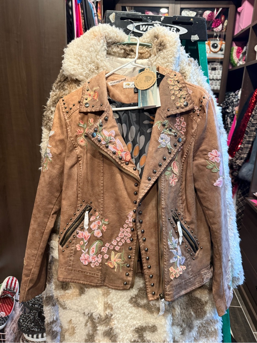 Desigual Embroidered Studded Brown Suede Moto Jacket